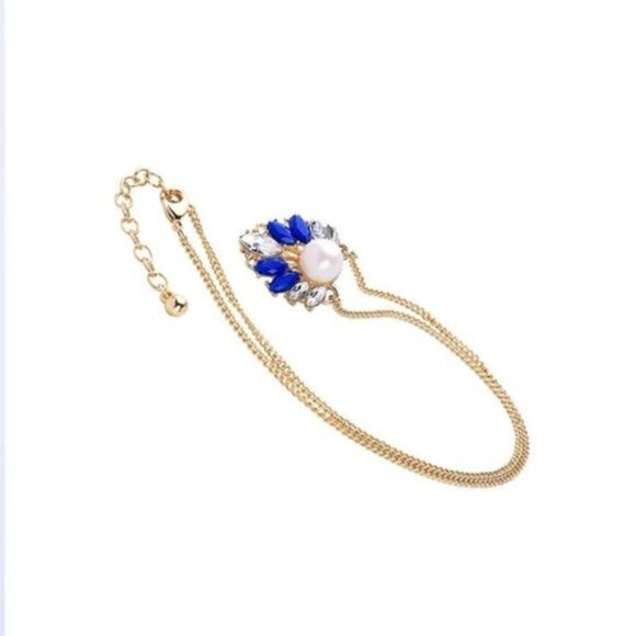 Blue Resin Rhinestone Pearl Minimalist Gold Pendant Necklace - Picture 2 of 9